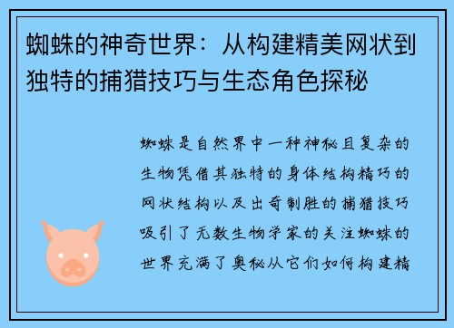 蜘蛛的神奇世界：从构建精美网状到独特的捕猎技巧与生态角色探秘